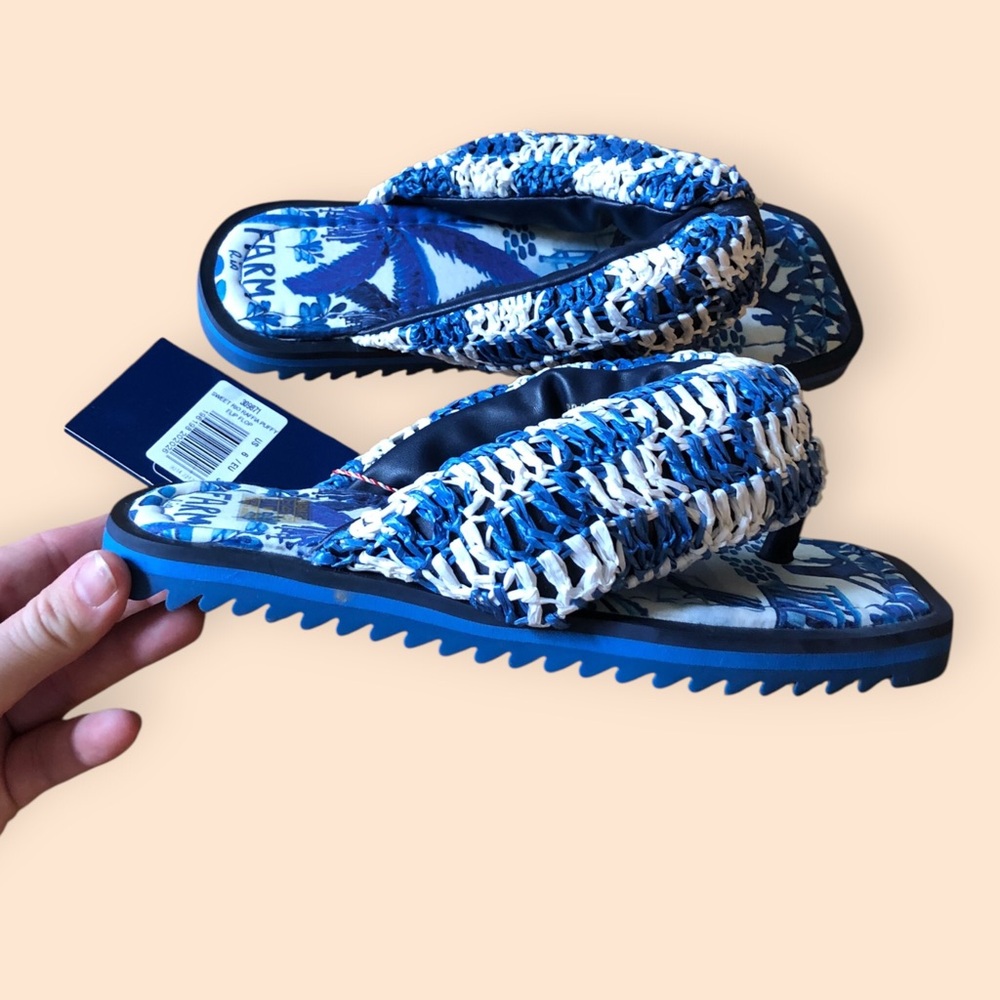 Farm Rio NEW Sweet Rio Raffia Puffy Flip Flop Blue White Vegan Summer Women US 6 - Picture 4 of 16